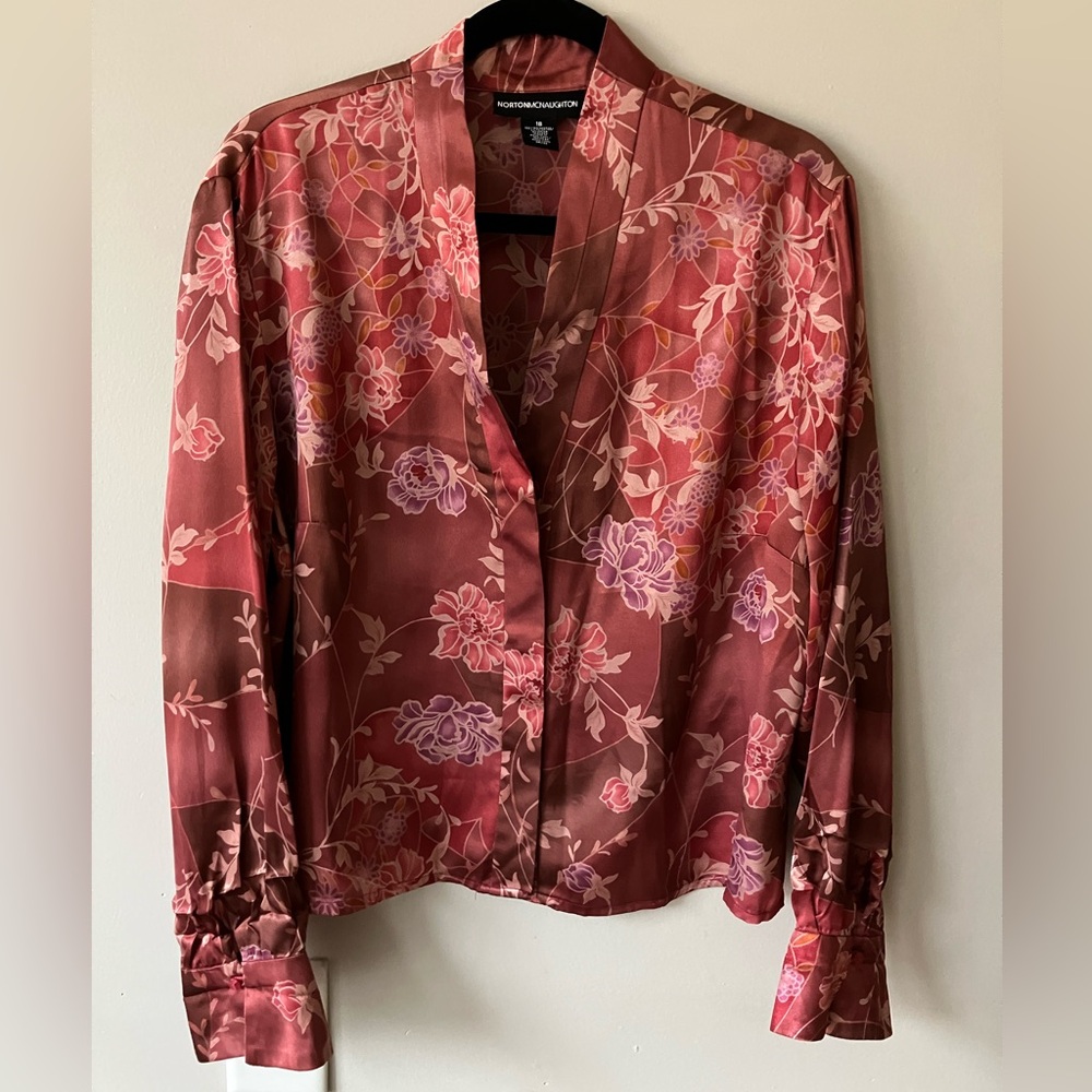 Norton McNaughton pink floral button down satin shirt